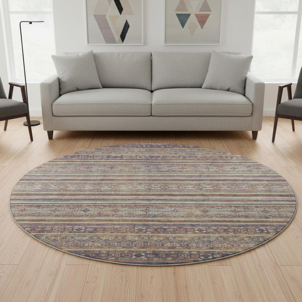 HomeRoots 8' Striped Washable Round Rug in Blue, Beige & Gray - UV Resistant, Stylish & Durable for Any Space 695795