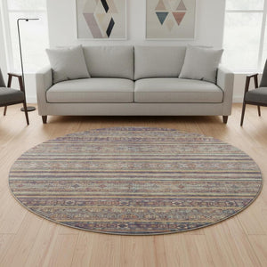HomeRoots 8' Striped Washable Round Rug in Blue, Beige & Gray - UV Resistant, Stylish & Durable for Any Space 695795