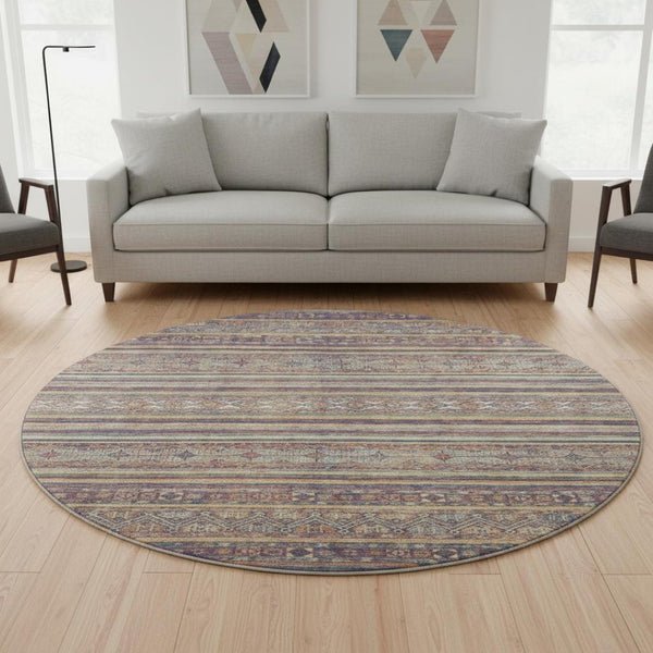 HomeRoots 8' Striped Washable Round Rug in Blue, Beige & Gray - UV Resistant, Stylish & Durable for Any Space 695795