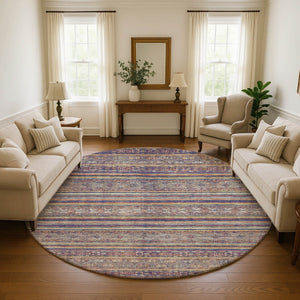 HomeRoots 8' Striped Washable Round Rug in Blue, Beige & Gray - UV Resistant, Stylish & Durable for Any Space 695795