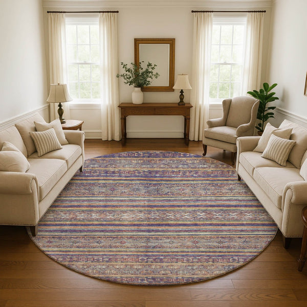 HomeRoots 8' Striped Washable Round Rug in Blue, Beige & Gray - UV Resistant, Stylish & Durable for Any Space 695795