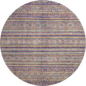 HomeRoots 8' Striped Washable Round Rug in Blue, Beige & Gray - UV Resistant, Stylish & Durable for Any Space 695795