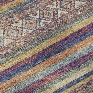 HomeRoots 8' Striped Washable Round Rug in Blue, Beige & Gray - UV Resistant, Stylish & Durable for Any Space 695795