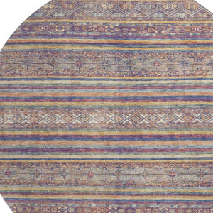 HomeRoots 8' Striped Washable Round Rug in Blue, Beige & Gray - UV Resistant, Stylish & Durable for Any Space 695795