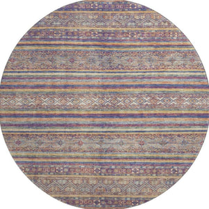 HomeRoots 8' Striped Washable Round Rug in Blue, Beige & Gray - UV Resistant, Stylish & Durable for Any Space 695795