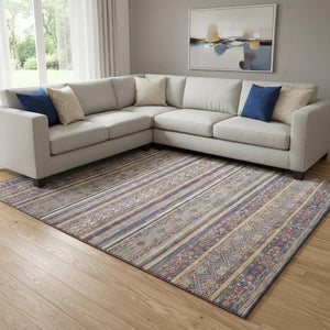 HomeRoots 8' X 10' Washable Striped Area Rug in Blue, Beige & Gray - Durable, UV-Protected for High-Traffic Areas 695796