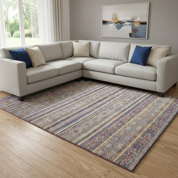 HomeRoots 8' X 10' Washable Striped Area Rug in Blue, Beige & Gray - Durable, UV-Protected for High-Traffic Areas 695796