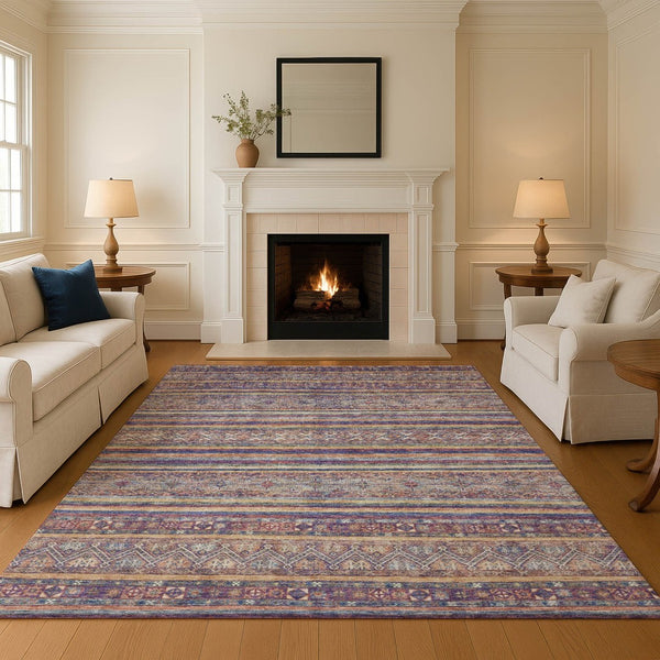 HomeRoots 8' X 10' Washable Striped Area Rug in Blue, Beige & Gray - Durable, UV-Protected for High-Traffic Areas 695796