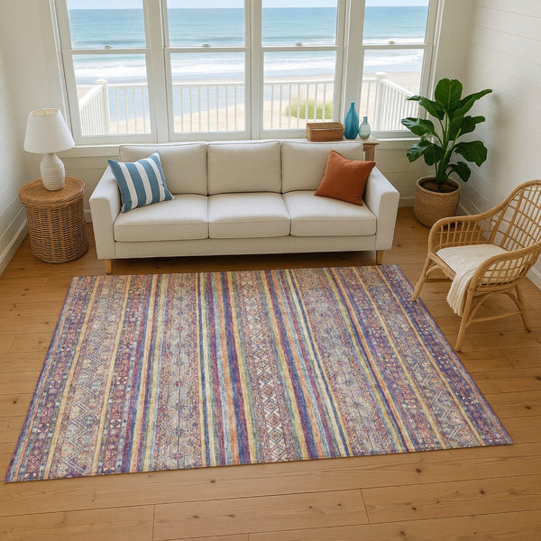 HomeRoots 8' X 10' Washable Striped Area Rug in Blue, Beige & Gray - Durable, UV-Protected for High-Traffic Areas 695796