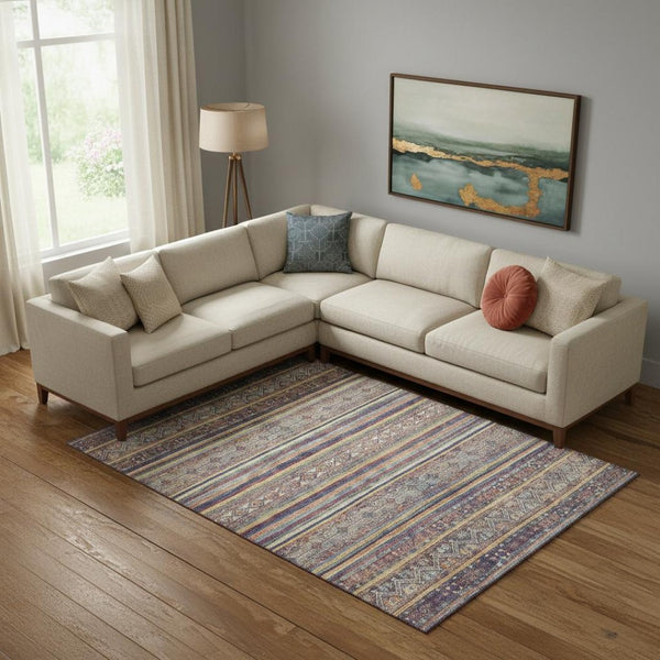 HomeRoots 9' X 12' Striped Washable Area Rug in Blue, Beige & Gray – UV Protected, Durable & Stylish for Homes 695797