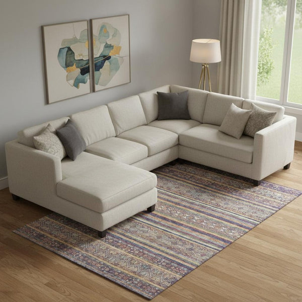 HomeRoots 10' X 14' Striped Area Rug in Blue, Beige & Gray – Washable, UV-Protected, Family-Friendly Decor 695798