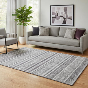 HomeRoots 5' Gray and Silver Striped Washable Area Rug - UV Protected, Durable, Easy-Care for Busy Homes 695800