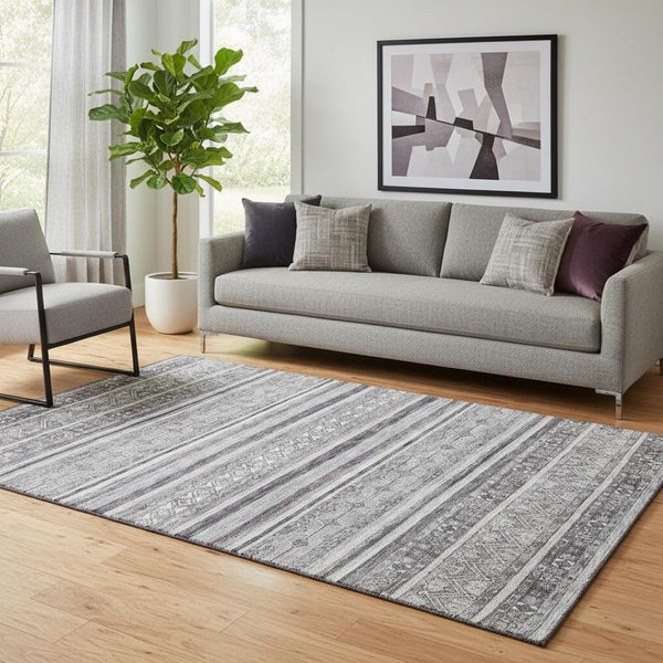 HomeRoots 5' Gray and Silver Striped Washable Area Rug - UV Protected, Durable, Easy-Care for Busy Homes 695800