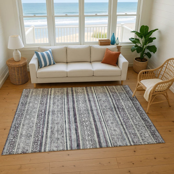 HomeRoots 5' Gray and Silver Striped Washable Area Rug - UV Protected, Durable, Easy-Care for Busy Homes 695800