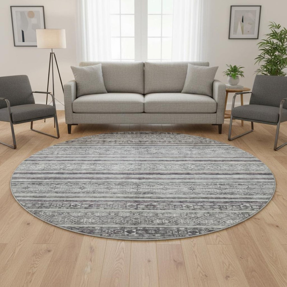 HomeRoots 8' Stylish Gray and Silver Striped Washable Round Rug with UV Protection for Indoor & Outdoor Use 695801