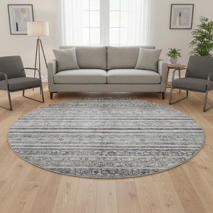 HomeRoots 8' Stylish Gray and Silver Striped Washable Round Rug with UV Protection for Indoor & Outdoor Use 695801