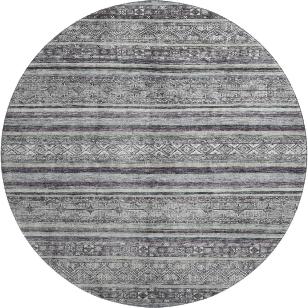 HomeRoots 8' Stylish Gray and Silver Striped Washable Round Rug with UV Protection for Indoor & Outdoor Use 695801