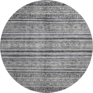 HomeRoots 8' Stylish Gray and Silver Striped Washable Round Rug with UV Protection for Indoor & Outdoor Use 695801