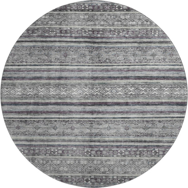 HomeRoots 8' Stylish Gray and Silver Striped Washable Round Rug with UV Protection for Indoor & Outdoor Use 695801