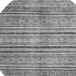 HomeRoots 8' Stylish Gray and Silver Striped Washable Round Rug with UV Protection for Indoor & Outdoor Use 695801