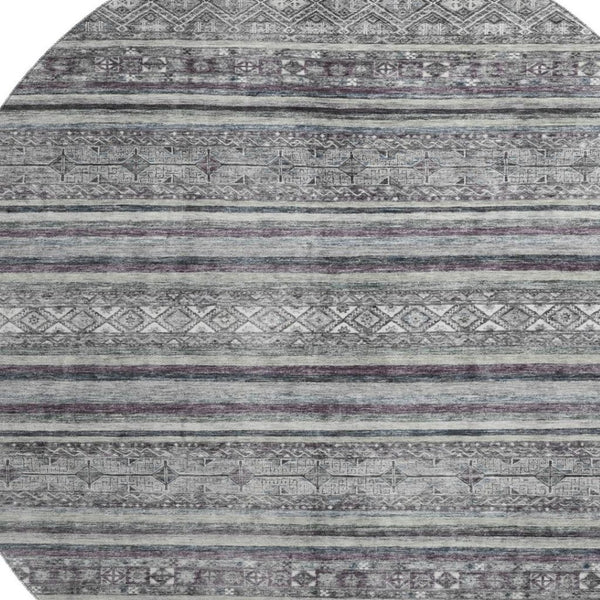 HomeRoots 8' Stylish Gray and Silver Striped Washable Round Rug with UV Protection for Indoor & Outdoor Use 695801