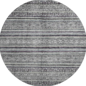 HomeRoots 8' Stylish Gray and Silver Striped Washable Round Rug with UV Protection for Indoor & Outdoor Use 695801