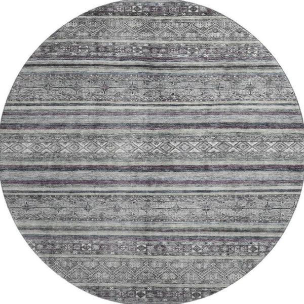 HomeRoots 8' Stylish Gray and Silver Striped Washable Round Rug with UV Protection for Indoor & Outdoor Use 695801