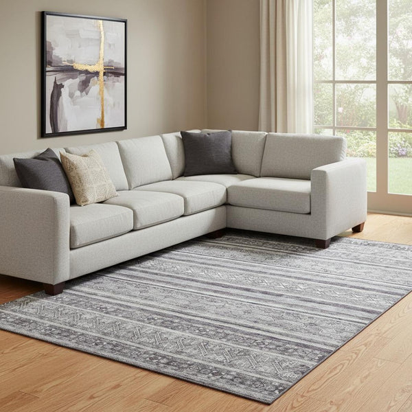 HomeRoots 8' X 10' Gray and Silver Striped Area Rug with UV Protection - Washable, Stain-Resistant, Modern Design 695802