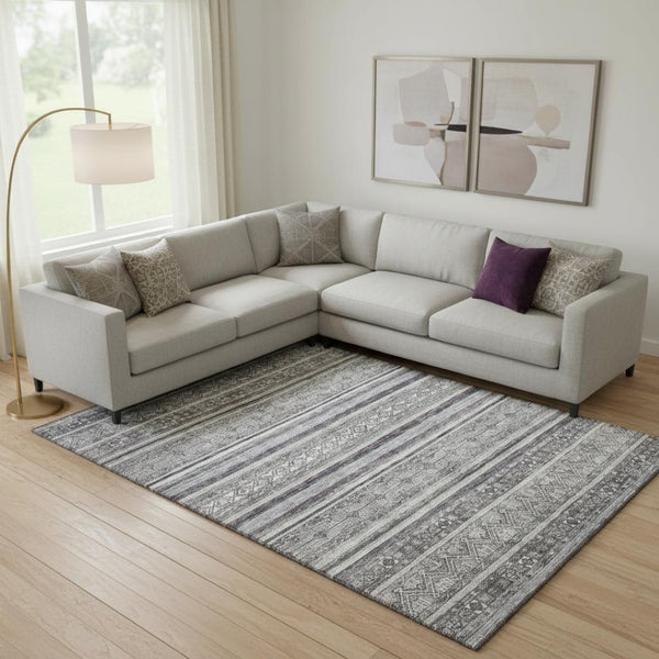 HomeRoots 9' Gray and Silver Striped Washable Area Rug - UV Protected, Stain Resistant, Durable for Homes 695803