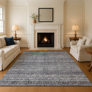 HomeRoots 9' Gray and Silver Striped Washable Area Rug - UV Protected, Stain Resistant, Durable for Homes 695803