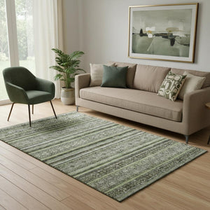 HomeRoots 5' X 8' Olive Green, Gray & Silver Striped Washable Area Rug with UV Protection for High-Traffic Spaces 695806