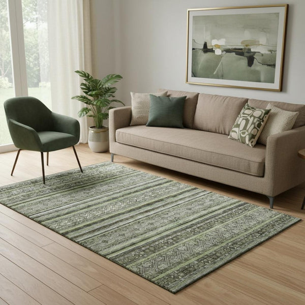 HomeRoots 5' X 8' Olive Green, Gray & Silver Striped Washable Area Rug with UV Protection for High-Traffic Spaces 695806