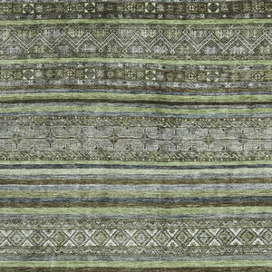 HomeRoots 5' X 8' Olive Green, Gray & Silver Striped Washable Area Rug with UV Protection for High-Traffic Spaces 695806