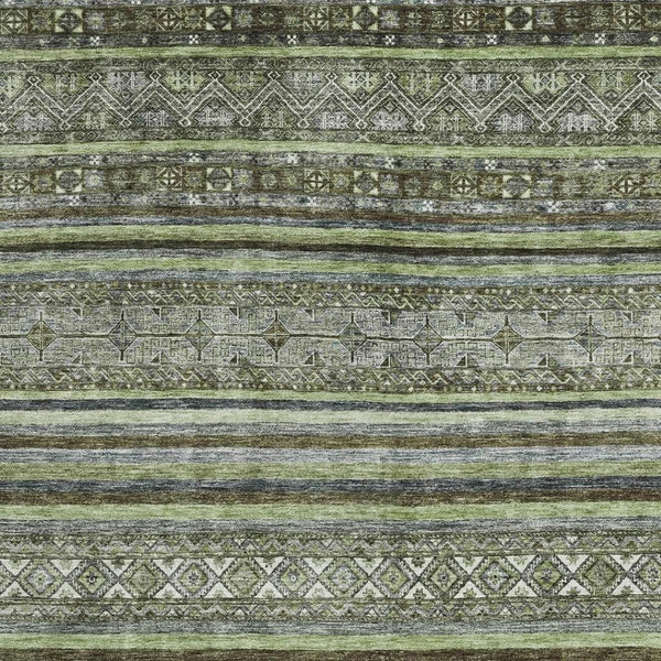HomeRoots 5' X 8' Olive Green, Gray & Silver Striped Washable Area Rug with UV Protection for High-Traffic Spaces 695806