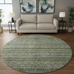 HomeRoots 8' Stylish Olive Green Gray Silver Striped Washable Round Rug with UV Protection for Any Space 695807