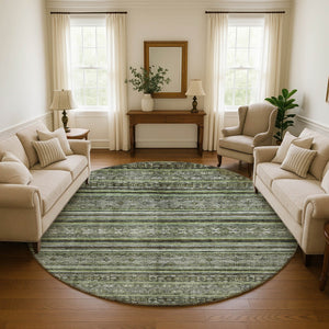 HomeRoots 8' Stylish Olive Green Gray Silver Striped Washable Round Rug with UV Protection for Any Space 695807