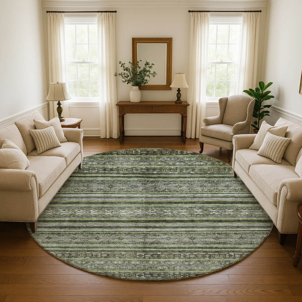 HomeRoots 8' Stylish Olive Green Gray Silver Striped Washable Round Rug with UV Protection for Any Space 695807