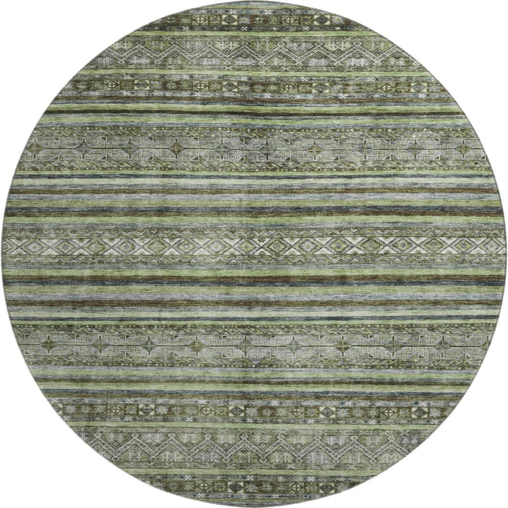 HomeRoots 8' Stylish Olive Green Gray Silver Striped Washable Round Rug with UV Protection for Any Space 695807