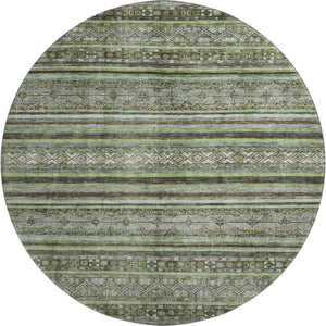 HomeRoots 8' Stylish Olive Green Gray Silver Striped Washable Round Rug with UV Protection for Any Space 695807