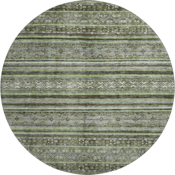 HomeRoots 8' Stylish Olive Green Gray Silver Striped Washable Round Rug with UV Protection for Any Space 695807