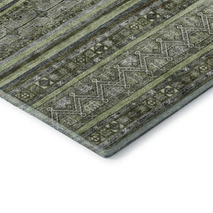 HomeRoots 8' Stylish Olive Green Gray Silver Striped Washable Round Rug with UV Protection for Any Space 695807