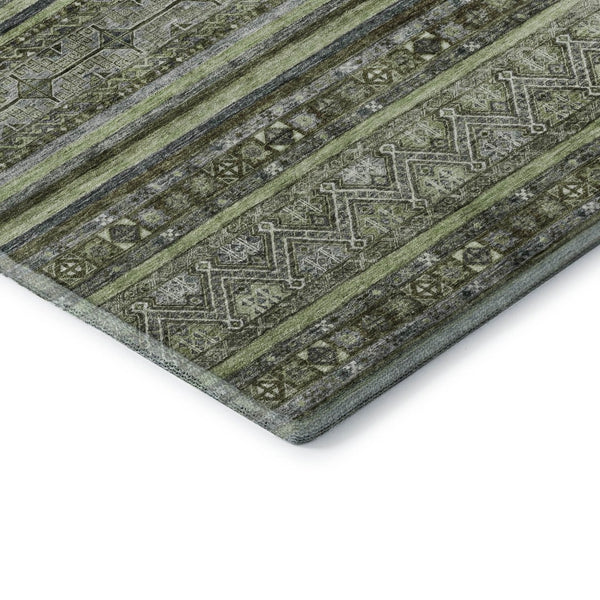 HomeRoots 8' Stylish Olive Green Gray Silver Striped Washable Round Rug with UV Protection for Any Space 695807