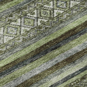 HomeRoots 8' Stylish Olive Green Gray Silver Striped Washable Round Rug with UV Protection for Any Space 695807