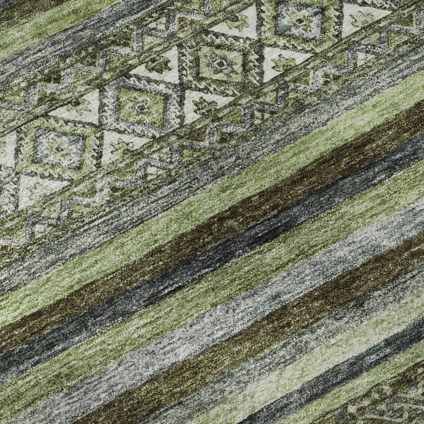 HomeRoots 8' Stylish Olive Green Gray Silver Striped Washable Round Rug with UV Protection for Any Space 695807
