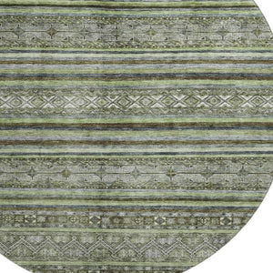 HomeRoots 8' Stylish Olive Green Gray Silver Striped Washable Round Rug with UV Protection for Any Space 695807