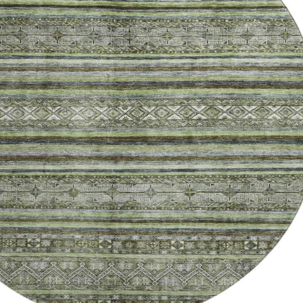 HomeRoots 8' Stylish Olive Green Gray Silver Striped Washable Round Rug with UV Protection for Any Space 695807