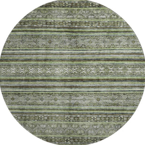HomeRoots 8' Stylish Olive Green Gray Silver Striped Washable Round Rug with UV Protection for Any Space 695807