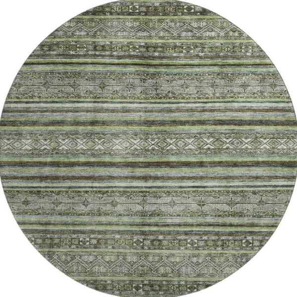 HomeRoots 8' Stylish Olive Green Gray Silver Striped Washable Round Rug with UV Protection for Any Space 695807