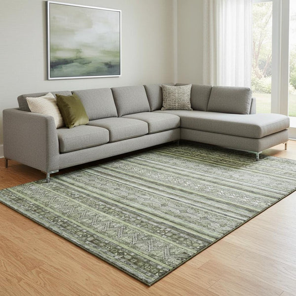 HomeRoots 8' X 10' Striped Washable Area Rug in Olive Green, Gray & Silver - UV Protection for Durability & Style 695808