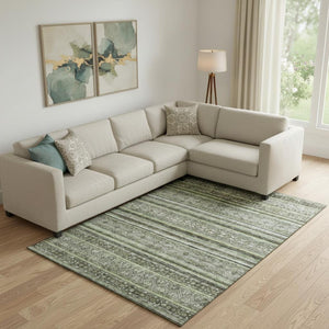 HomeRoots 9' X 12' Striped Washable Area Rug in Olive Green, Gray & Silver – UV Protected for Busy Homes 695809